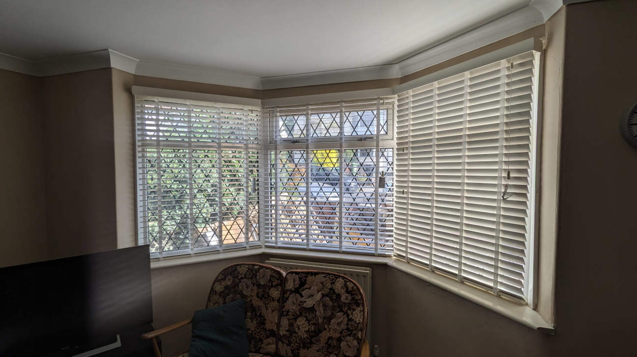 Modern living room with custom venetian blinds