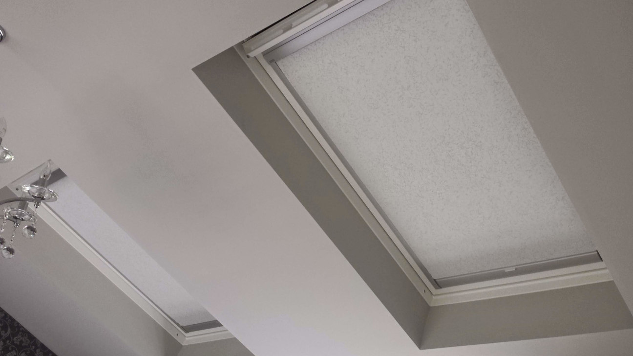 Bathroom with custom skylight blinds
