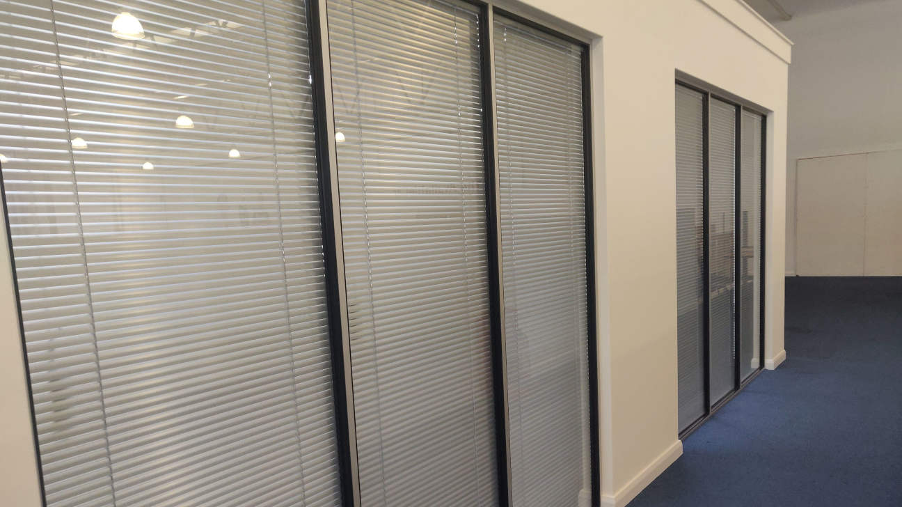 Modern living room with custom venetian blinds