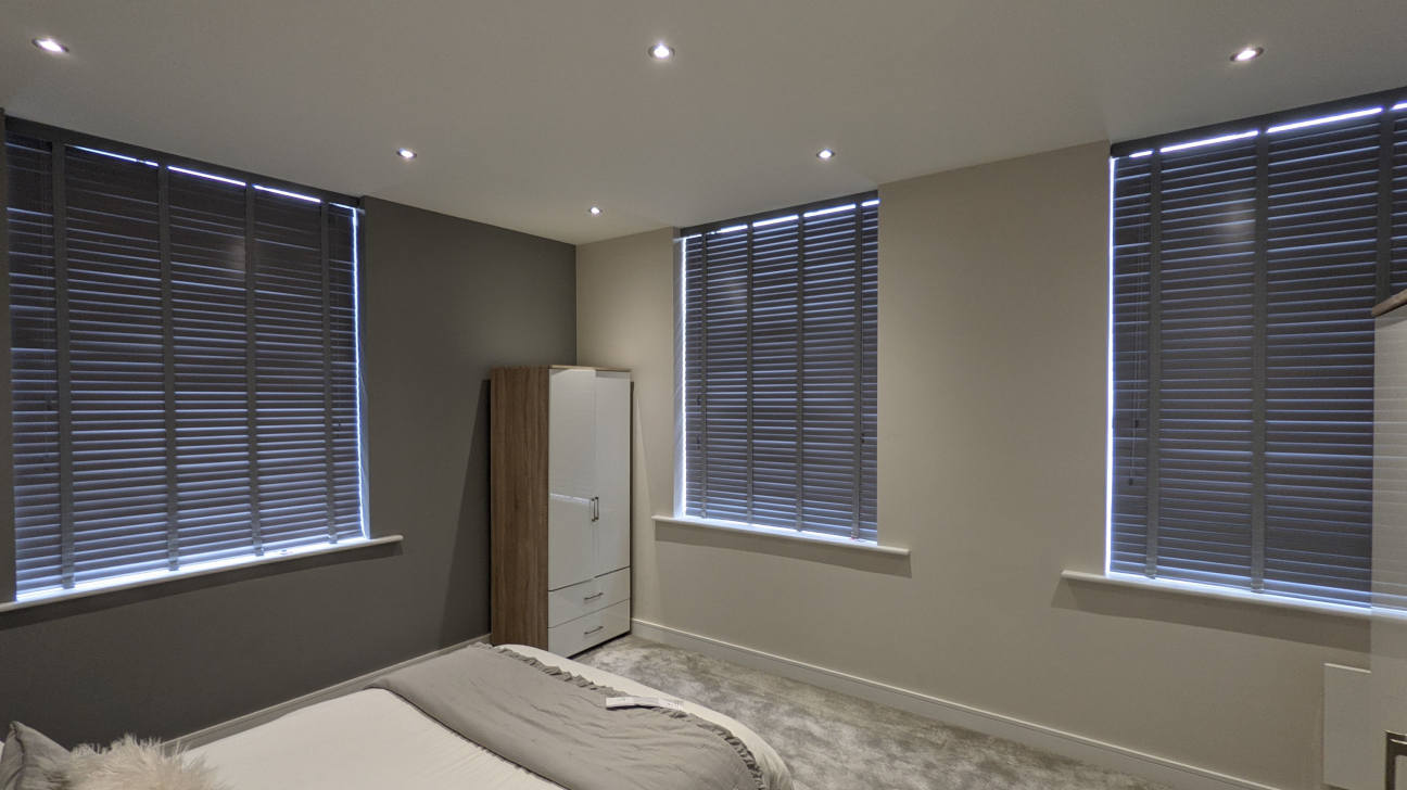 Modern living room with custom venetian blinds